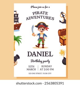 Pirate invitation. Birthday party invitation with pirate elements. Greeting card, postcard, poster.