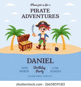 Pirate invitation. Birthday party invitation with pirate elements. Greeting card, postcard, poster.