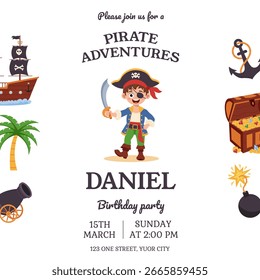 Invitación pirata. Invitación de fiesta de cumpleaños con Elementos piratas. Tarjeta de felicitación, postal, cartel.