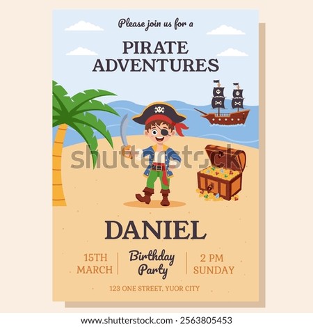 Pirate invitation. Birthday party invitation with pirate elements. Greeting card, postcard, poster.
