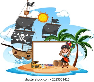 Pirate island with blank banner template illustration