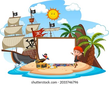 Pirate island with blank banner template illustration