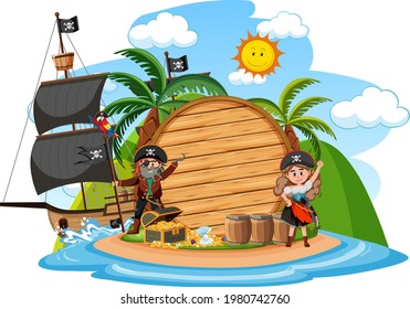 Pirate island with an empty banner isolated on white background illustration