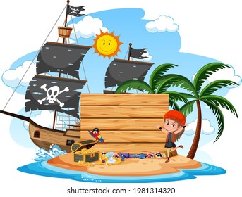 Pirate island with an empty banner isolated on white background illustration