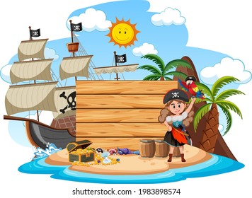 Pirate island with an empty banner isolated on white background illustration