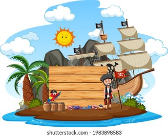 Pirate island with an empty banner isolated on white background illustration