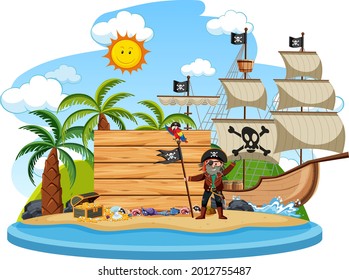 Pirate island with an empty banner isolated on white background illustration