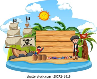 Pirate island with an empty banner isolated on white background illustration