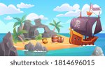 Pirate island landscape vector illustration. Cartoon scenic seascape with piratical ship in ocean or sea waters and treasure old chest full of gold on rocky beach island, adventure scene background