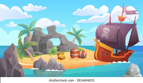 Pirate island landscape vector illustration. Cartoon scenic seascape with piratical ship in ocean or sea waters and treasure old chest full of gold on rocky beach island, adventure scene background