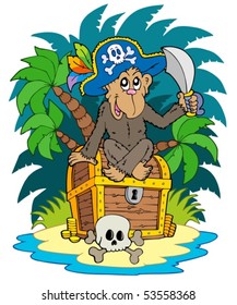 Pirate island with monkey - vector illustration.