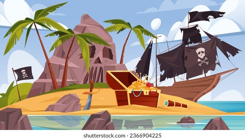 Pirate island with treasures and broken pirate ship. Vector palm trees and chest with gold coins on uninhabited island. Cartoon sea landscape with sail boat after shipwreck with skull on black sails