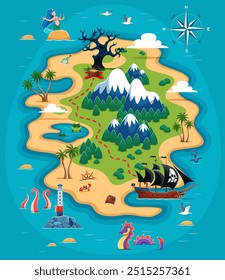 Pirate island with treasures map with red dotted line leads the way to hidden treasure chest and landmarks such as palm trees, lighthouse, mountains, spooky tree, mermaid, pirate ship and sea creature