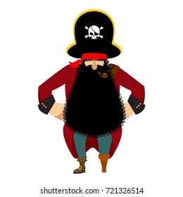 Pirate isolated. Eye patch and smoking pipe. filibuster cap. Bones and Skull. Head corsair black beard. buccaneer Wooden foot
