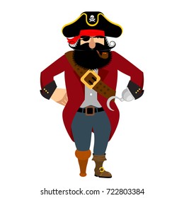 Pirate Isolated. Eye Patch And Smoking Pipe. Filibuster Cap. Bones And Skull. Head Corsair Black Beard. Buccaneer Wooden Foot
