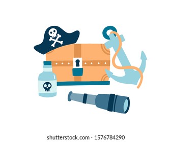 Pirate items flat vector illustration. Pirate hat with skull and crossed bones emblem. Wooden treasure chest. Anchor, glass bottle of rum and spyglass on white background. Symbols of piracy.