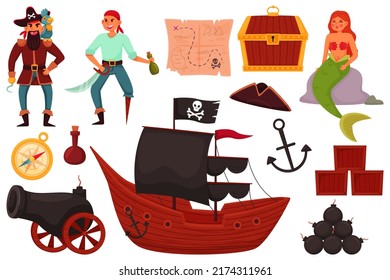 Pirate items. Funny marine team, cute captain hold sword, sailor and mermaid, ship with black sails, cartoon isolated elements, cannon and anchor, treasure chest recent vector childish set