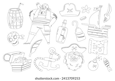 Monochrome Vektorgrafik-Linearsymbole für Piratenartikel Stachfisch, Tricornhut, Eyepatch, Karte und Brust gefüllt mit Münzen