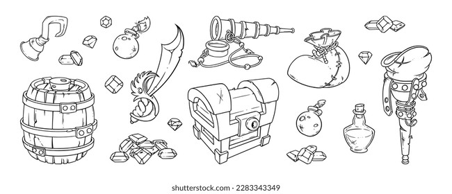 Pirate items set. Treasure chest, rum burrel, sack with coins and other pirate belongings. Sketch vector illustration isolated on white background