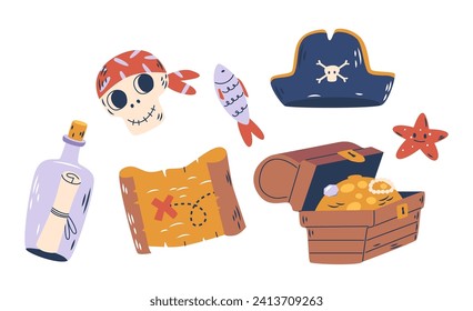 Pirate Items Set. Weathered Treasure Map, Tricorn Hat, Skull in Bandana, Fish, Message in Bottle, starfish and Chest