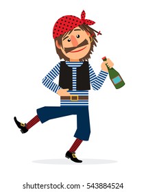 Pirate jolly dancing and holding the bottle of rum cartoon character on white background. Vector illustration