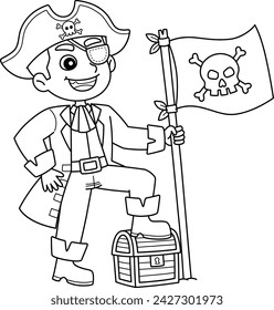Pirate with a Jolly Roger Flag Isolated Coloring 