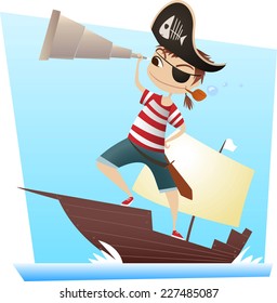 Pirate kid with binoculars looking at the horizon vector illustration.