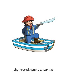 Pirate Kid on his Boat with Saber and Red Pirate Hat. Pirate Captain 