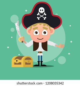 Pirate kid with treasure box