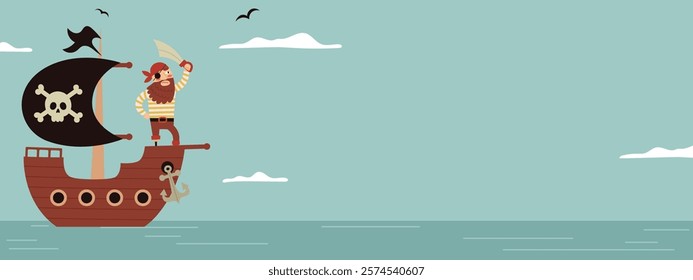 Pirate kids banner,template for party,invitation, flyer.Treasure Island,pirate ship.Vector flat cartoon illustration
