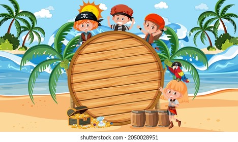 Pirate kids at the beach daytime scene with an empty banner template illustration