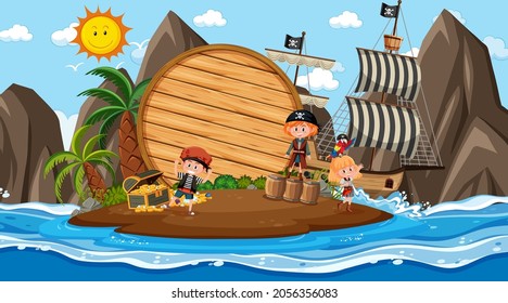 Pirate kids at the beach daytime scene with an empty wooden banner template illustration