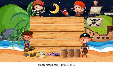 Pirate kids at the beach night scene with an empty wooden banner template illustration