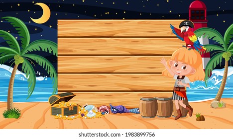 Pirate kids at the beach night scene with an empty wooden banner template illustration