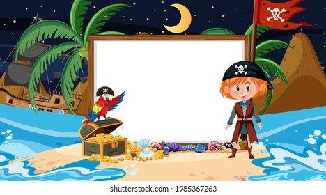 Pirate kids at the beach night scene with an empty banner template illustration