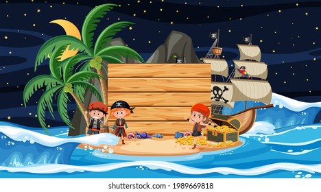 Pirate kids at the beach night scene with an empty wooden banner template illustration