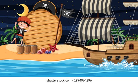 Pirate kids at the beach night scene with an empty wooden banner template illustration