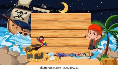 Pirate kids at the beach night scene with an empty wooden banner template illustration