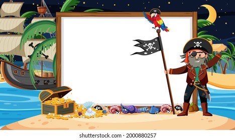 Pirate kids at the beach night scene with an empty banner template illustration