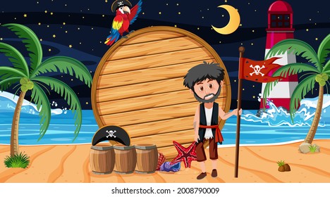 Pirate kids at the beach night scene with an empty wooden banner template illustration
