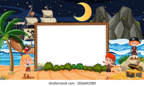 Pirate kids at the beach night scene with an empty banner template illustration