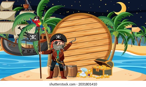 Pirate kids at the beach night scene with an empty wooden banner template illustration