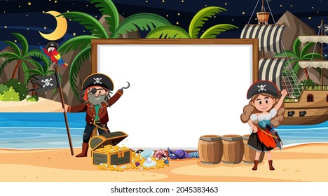 Pirate kids at the beach night scene with an empty banner template illustration