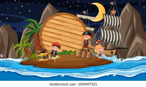 Pirate kids at the beach night scene with an empty wooden banner template illustration