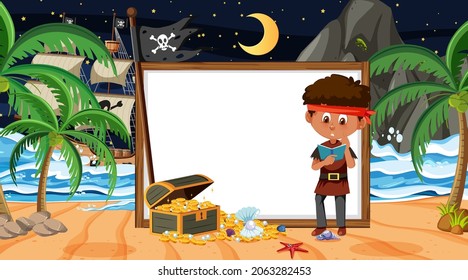 Pirate kids at the beach night scene with an empty banner template illustration