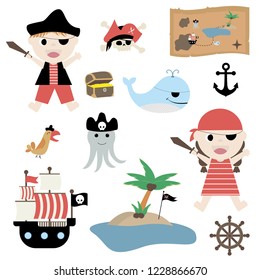 Pirate kids clipart. Vector illustration of pirate set.