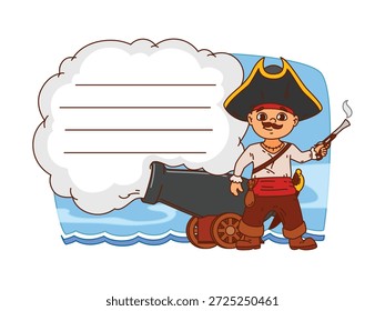 Marco de nota de nota de niños piratas con personaje de niño corsario, etiqueta de mensaje de Vector o etiqueta engomada. Nota de nota de los niños o hoja de papel del cuaderno con la historieta Muchacho pirata caribeño o marinero con el cañón y la pistola del mosquete