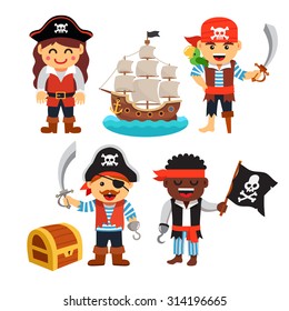 Pirate kids rascals, girls and boys, in hats and bandanas with treasure chest, black flag and ship. Flat style vector cartoon illustration isolated on white background.