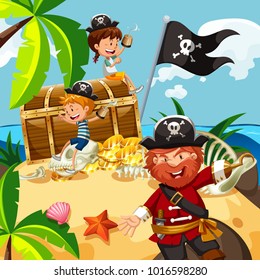 Pirate and kids with treasure chest on island illustration