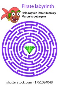 Pirate labyrinth. Help captain Daniel Monkey Mason to get a gem. Circle maze children puzzle with pirate. Sea wolf and green faceted emerald. Educational minimalistic flat game. Printablevisual game. 